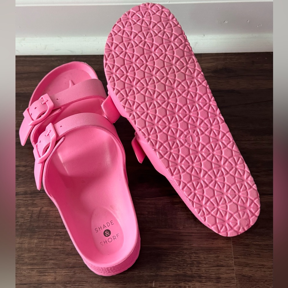 Shade & Shore Bright Neon Pink Double Strap Summer Sandals Slides - Picture 2 of 10